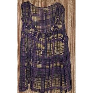 Avenue Womens Plus Plaid Sheer Blouse Sleeveless Rose Floral Accent Purple Green